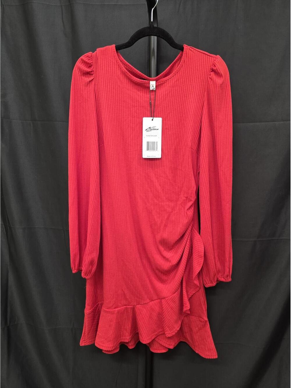 Byinns Women’s Ribbed Knit Ruffle Hem Bodycon Mini Dress Red L